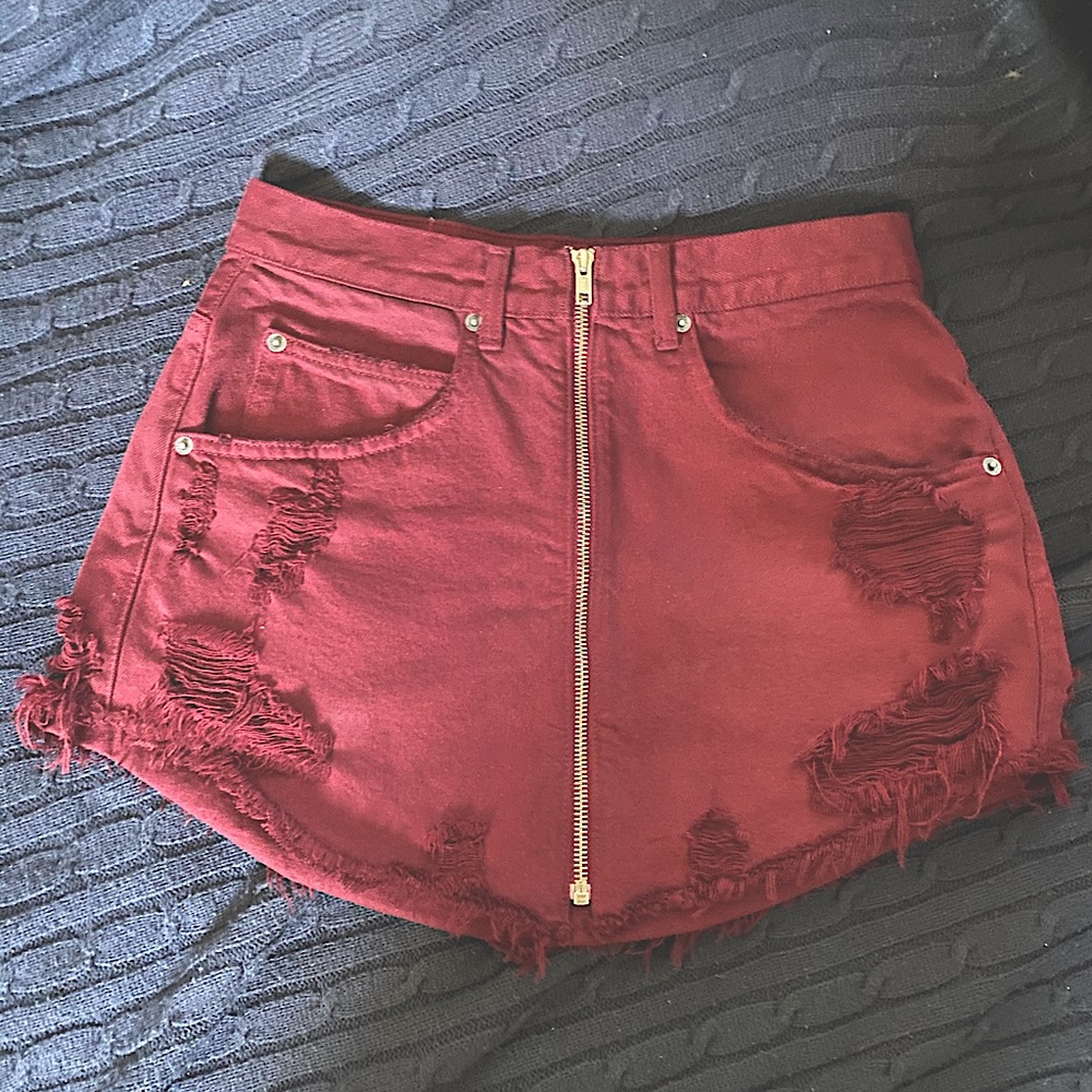 carmar denim burgundy jean zip up mini skirt